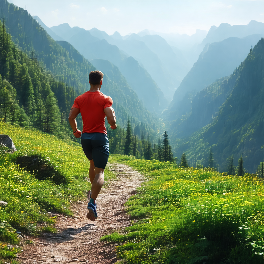 Man running down a trail in a lush green forest