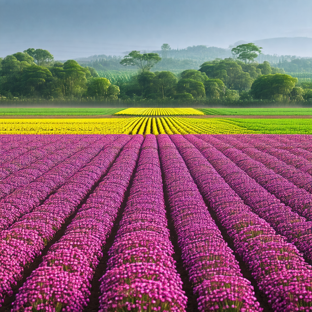 Large field of flowers, predominantly purple and yellow, ...