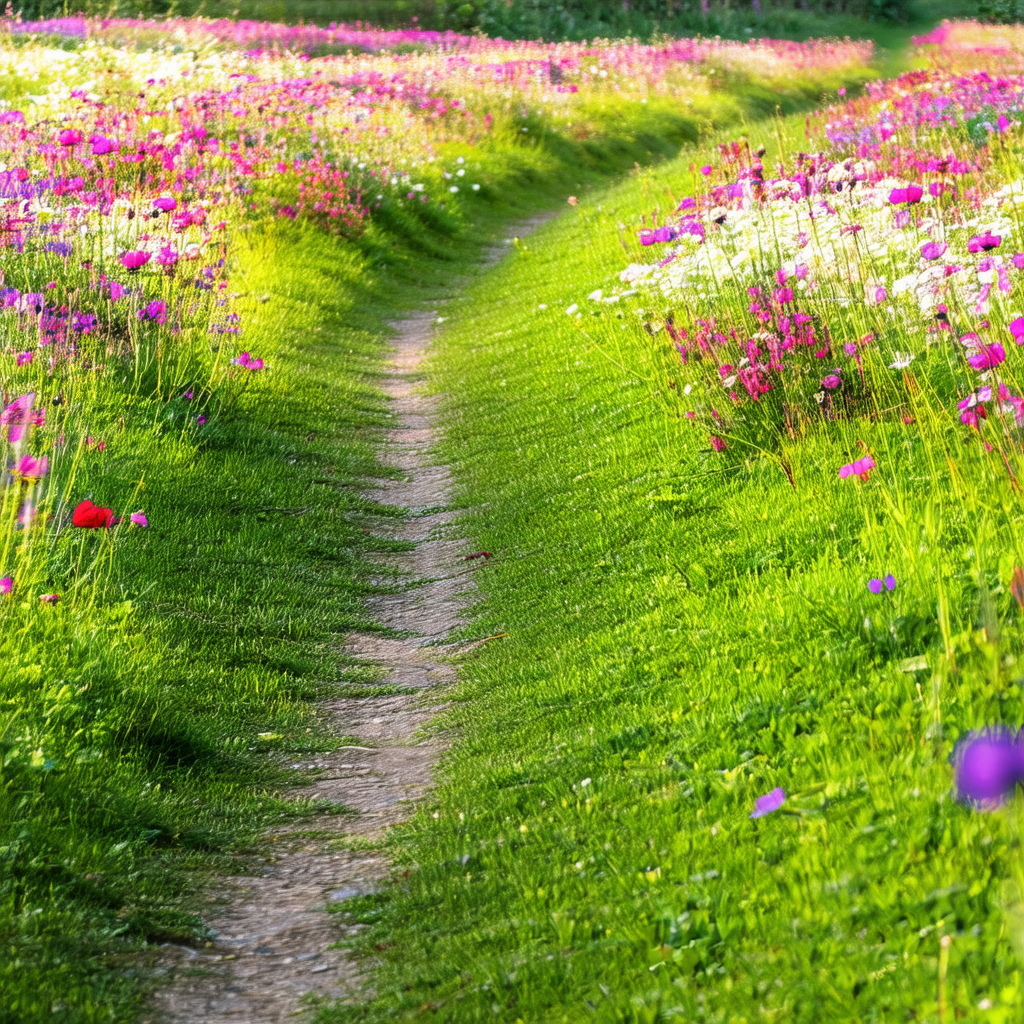 Pathway surrounded by a beautiful field of flowers