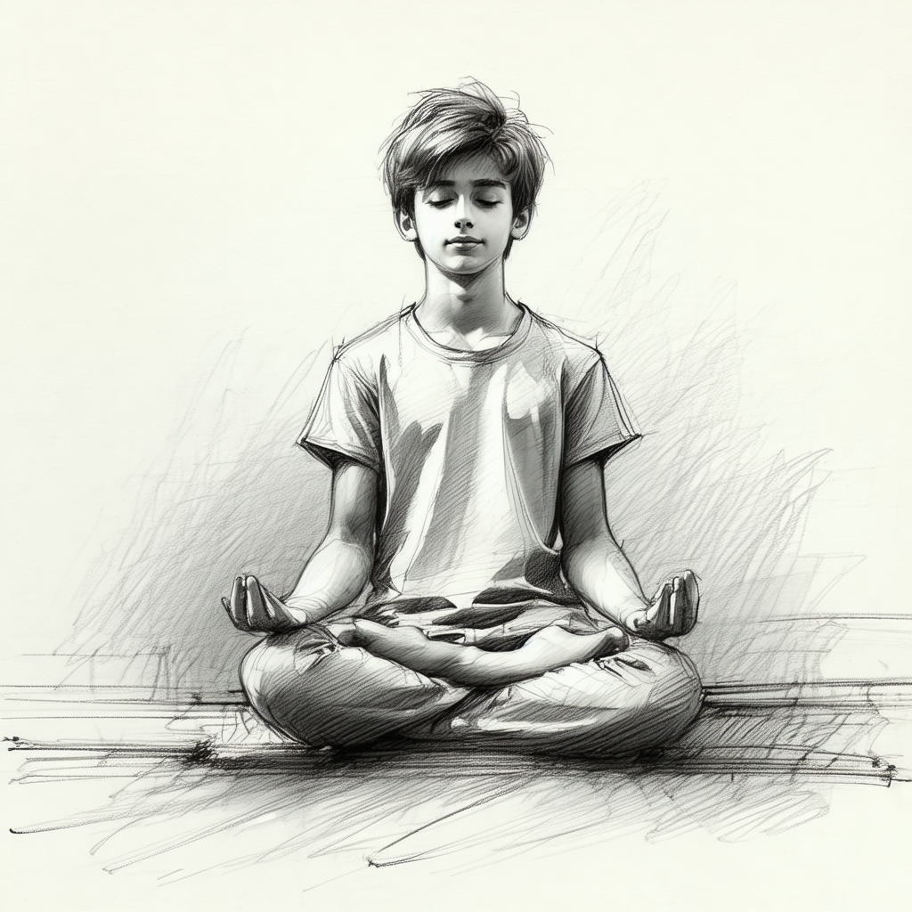 Young man sitting cross-legged on the floor, with his eye...