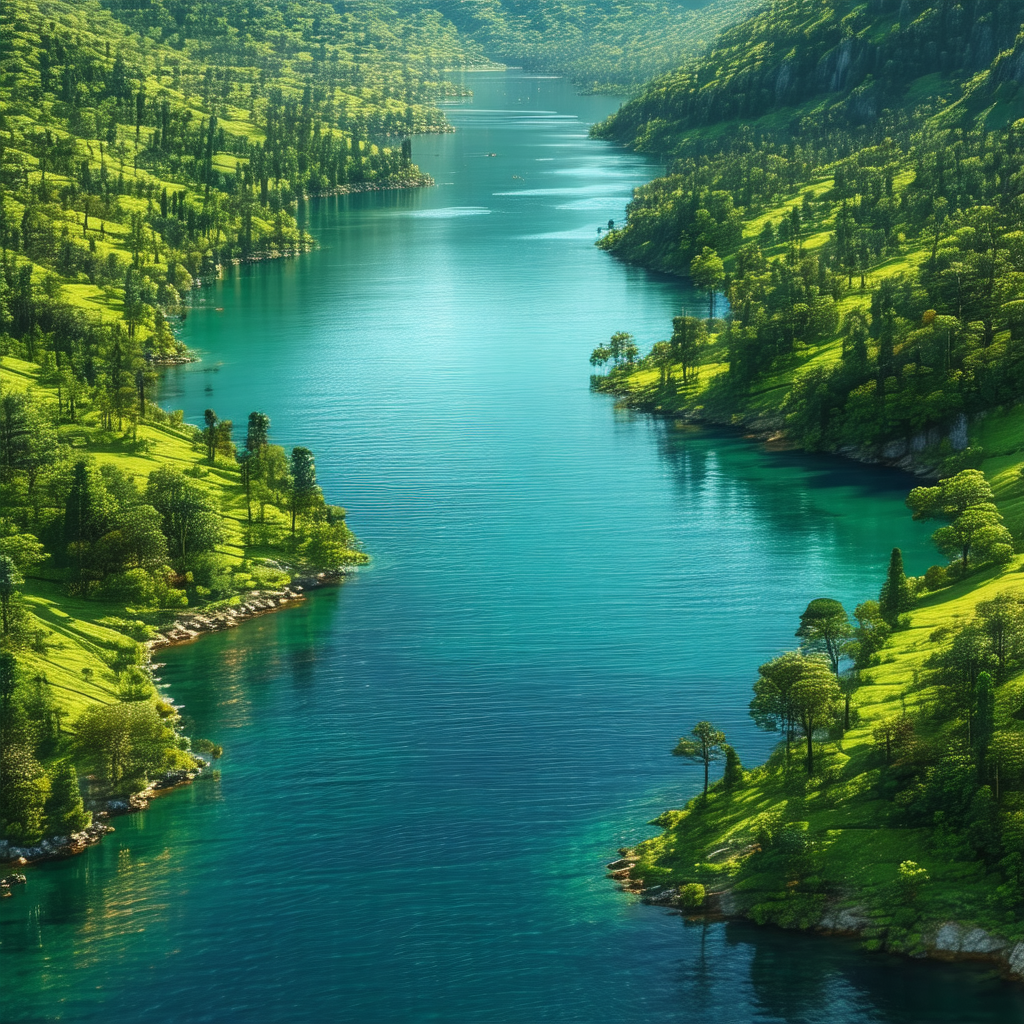 Serene lake surrounded by lush green hills