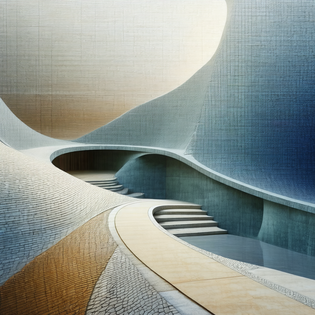 Long, curved walkway that leads to a large, blue building