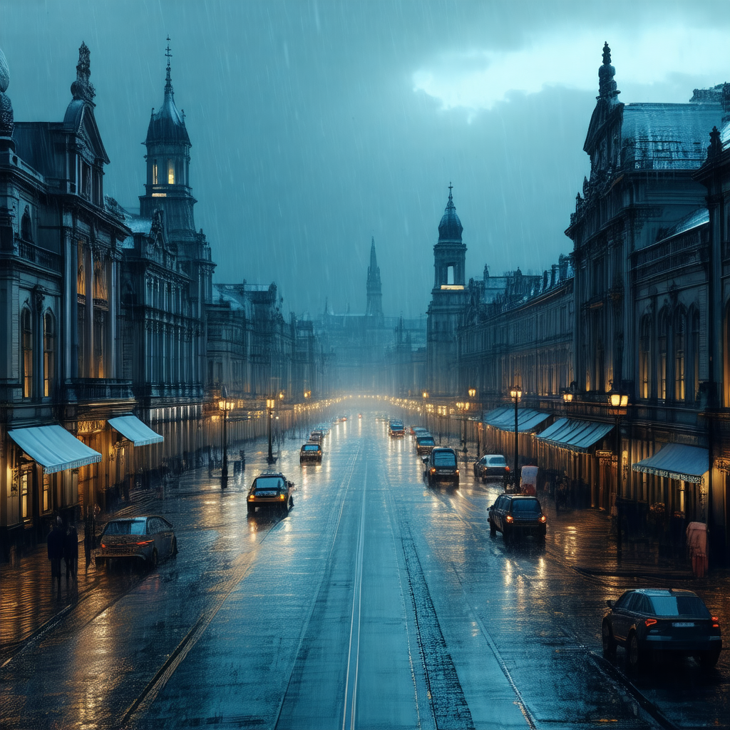 City street at night, with a heavy rain falling