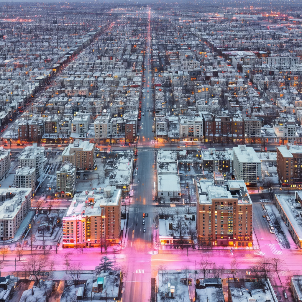 Nighttime view of a large city, with a focus on the downt...