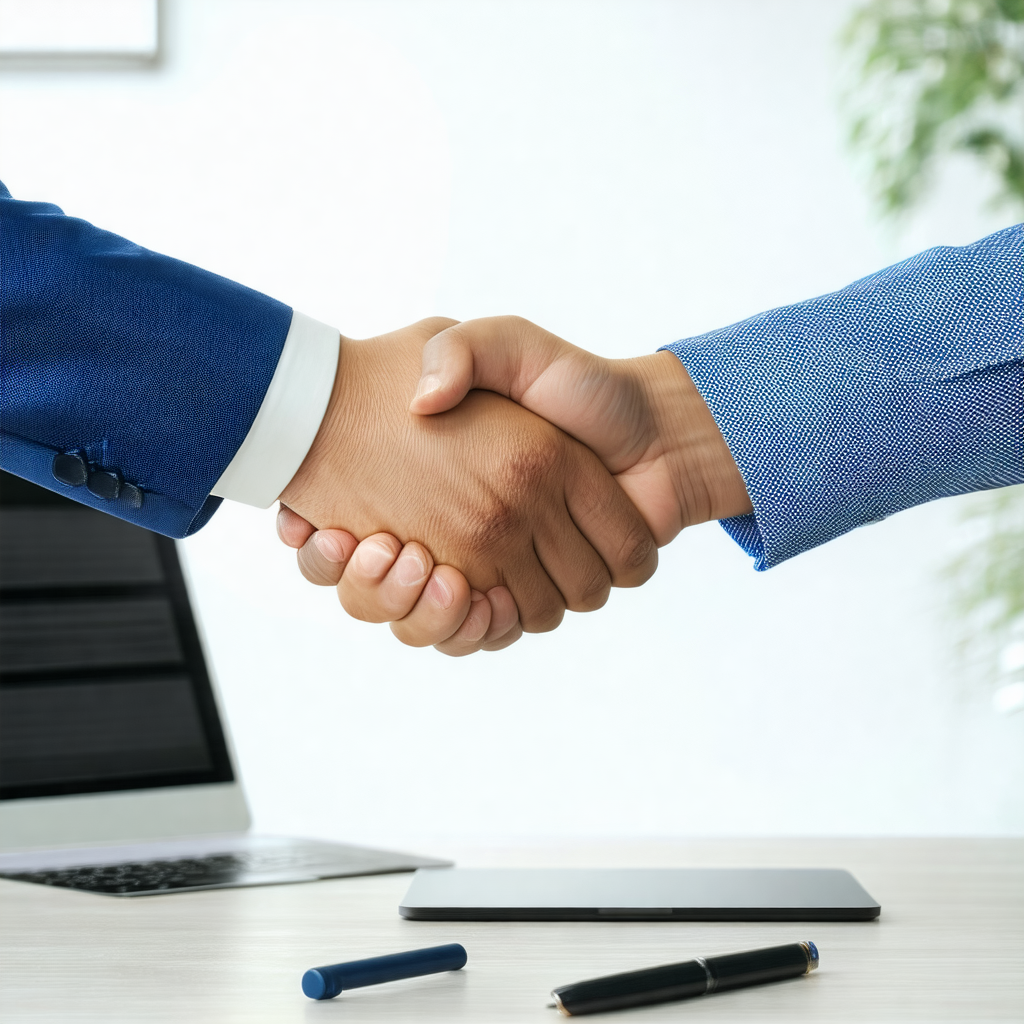 Two men shaking hands in a professional setting