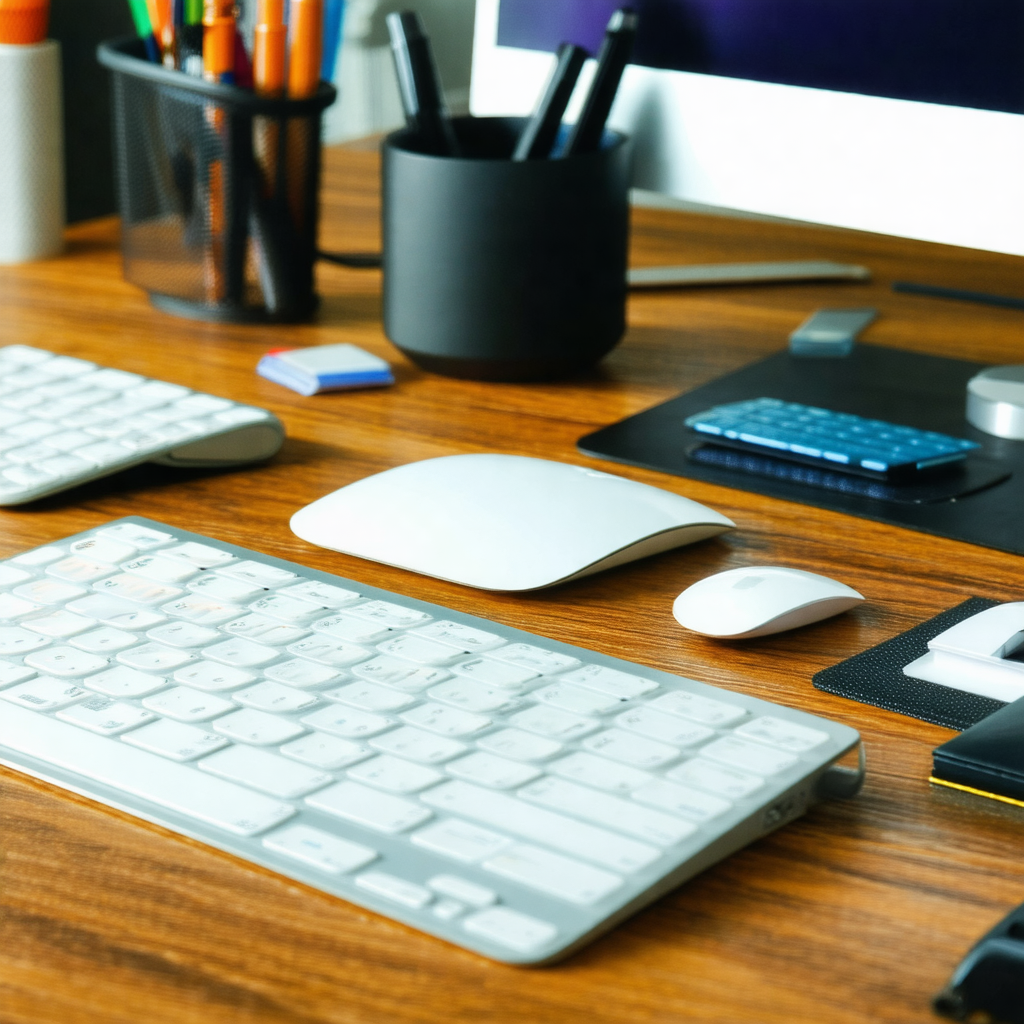 Wooden desk with a computer keyboard and a mouse placed o...