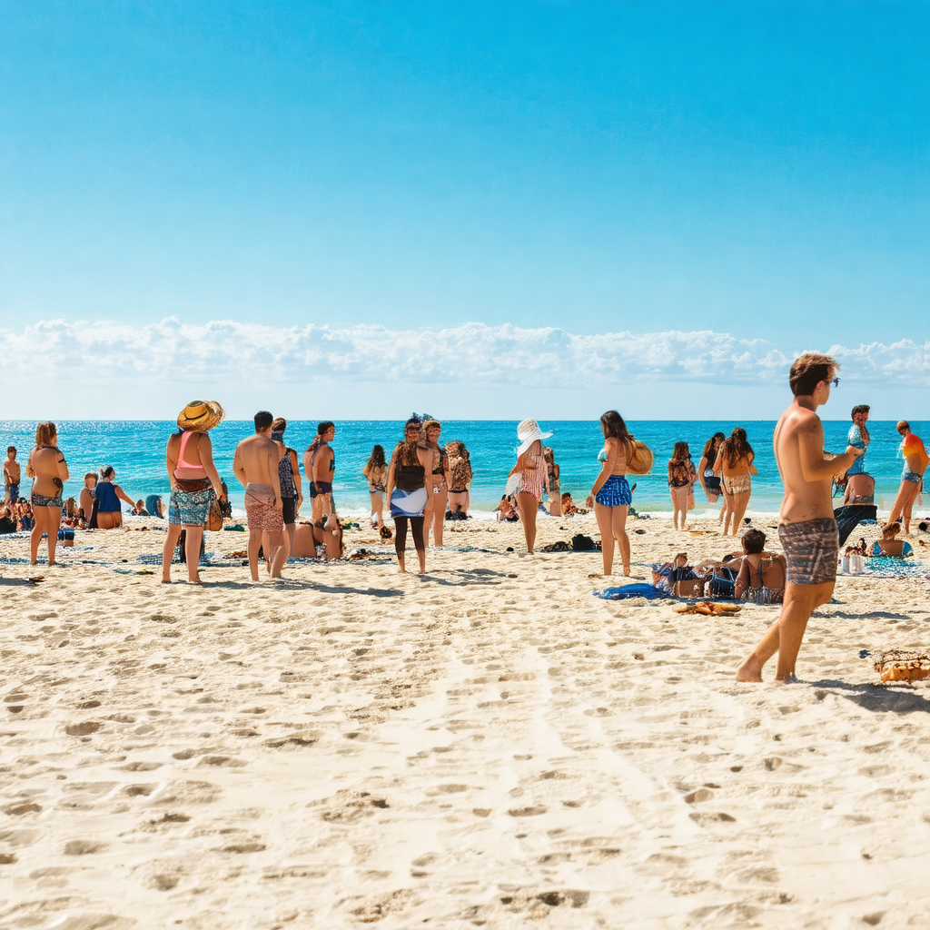 Lively beach scene with a large group of people enjoying ...