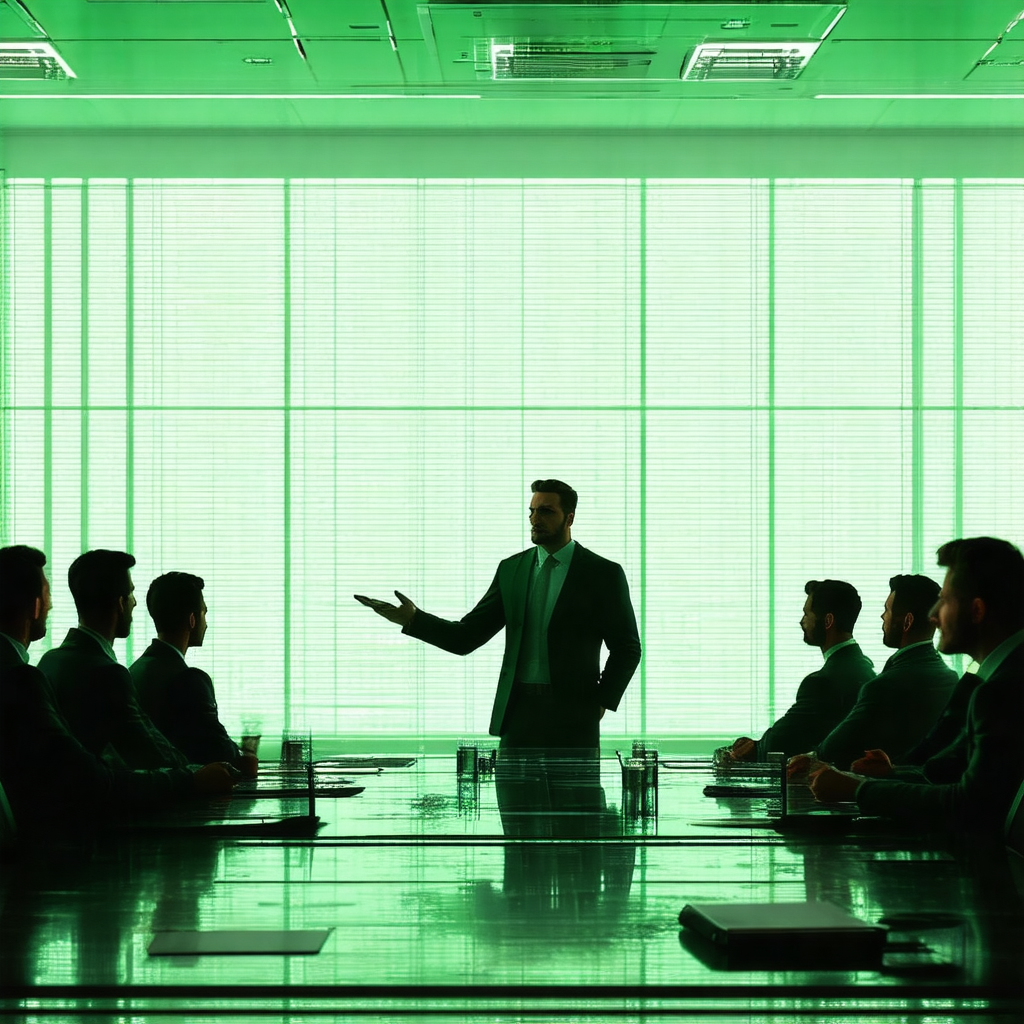Group of men in suits gathered around a large conference ...