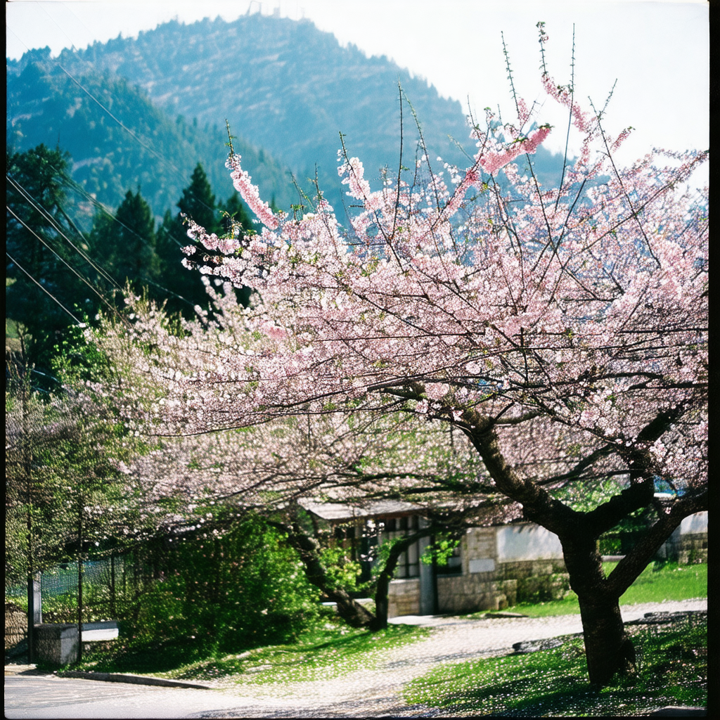 Beautiful tree filled with pink flowers, located in front...