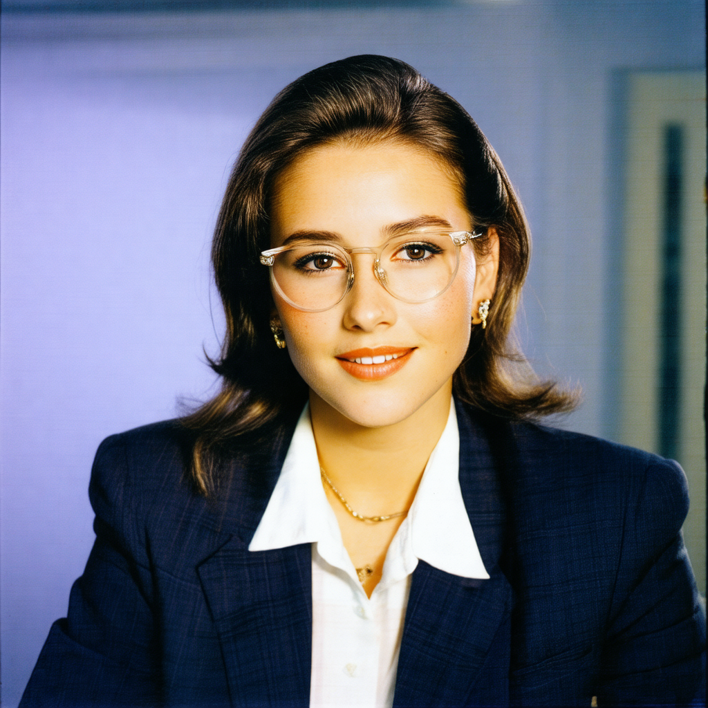 Woman wearing glasses and a suit, standing in front of a ...