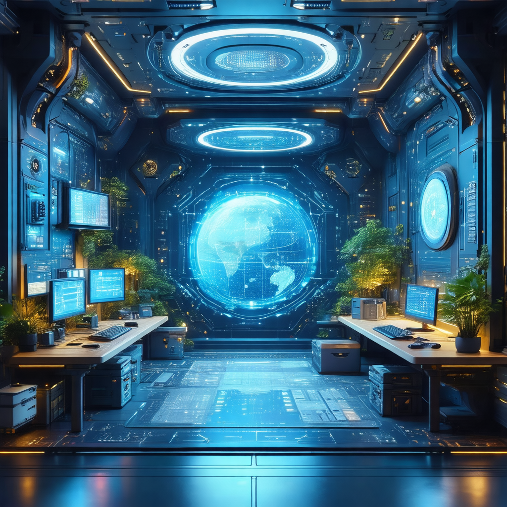 Futuristic room with a large, blue, circular display on t...