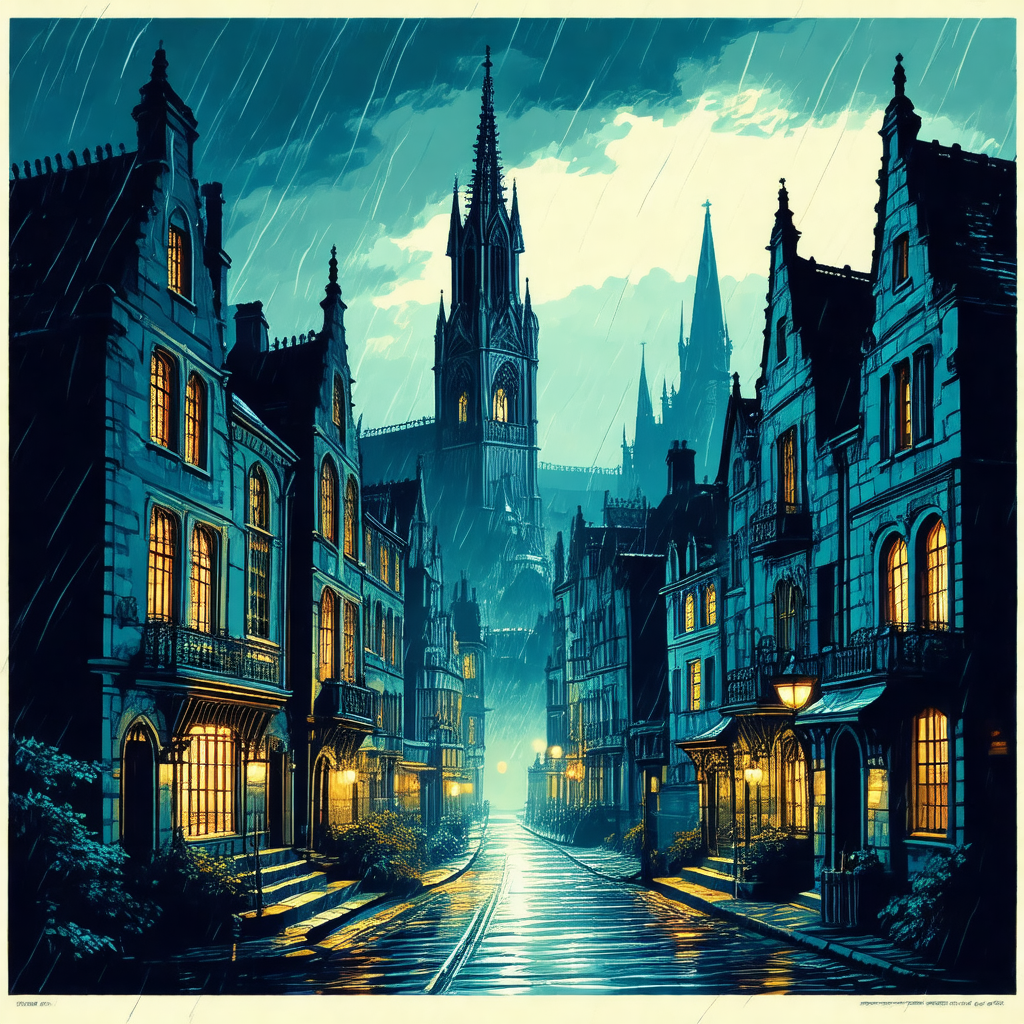 Black and white drawing of a city street at night