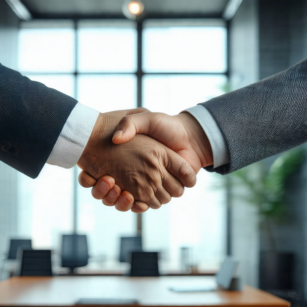 Man and a woman shaking hands in a professional setting