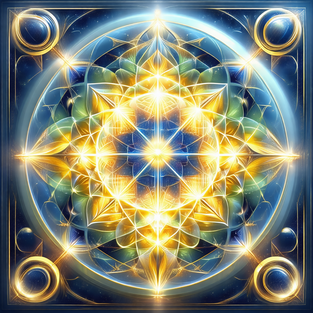 Brightly colored, geometric pattern that resembles a sun ...