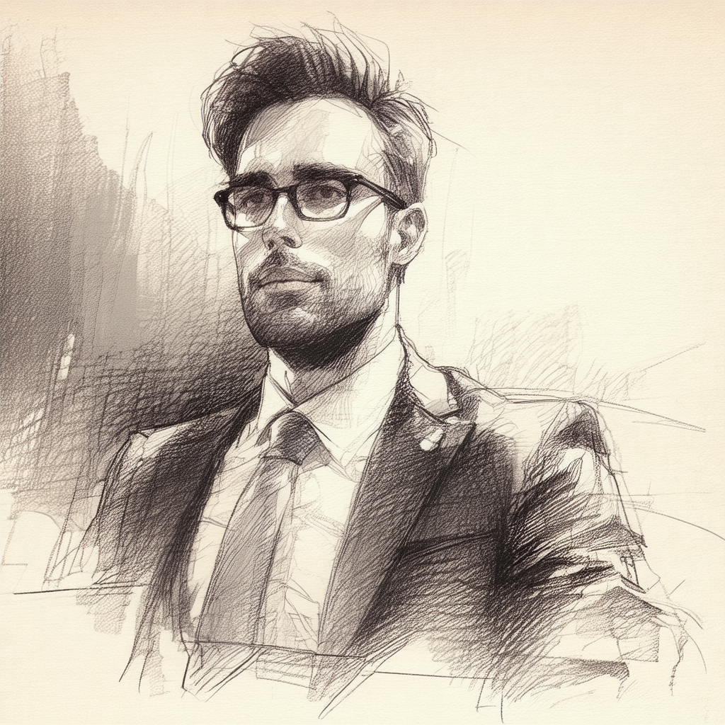 Black and white drawing of a man wearing glasses