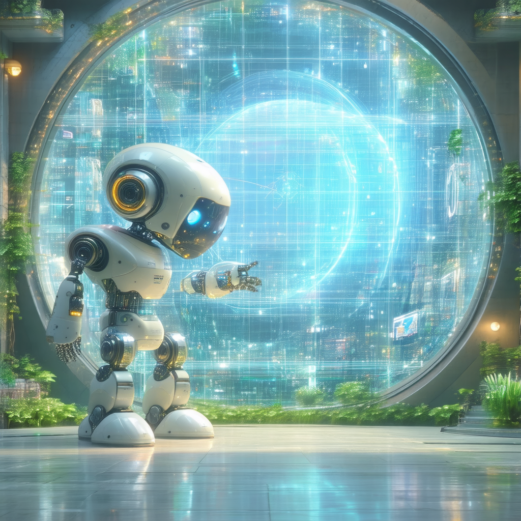 Robot standing in a room with a large, illuminated, three...