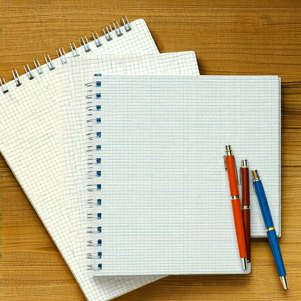 Wooden table with a notebook and a pen placed on it