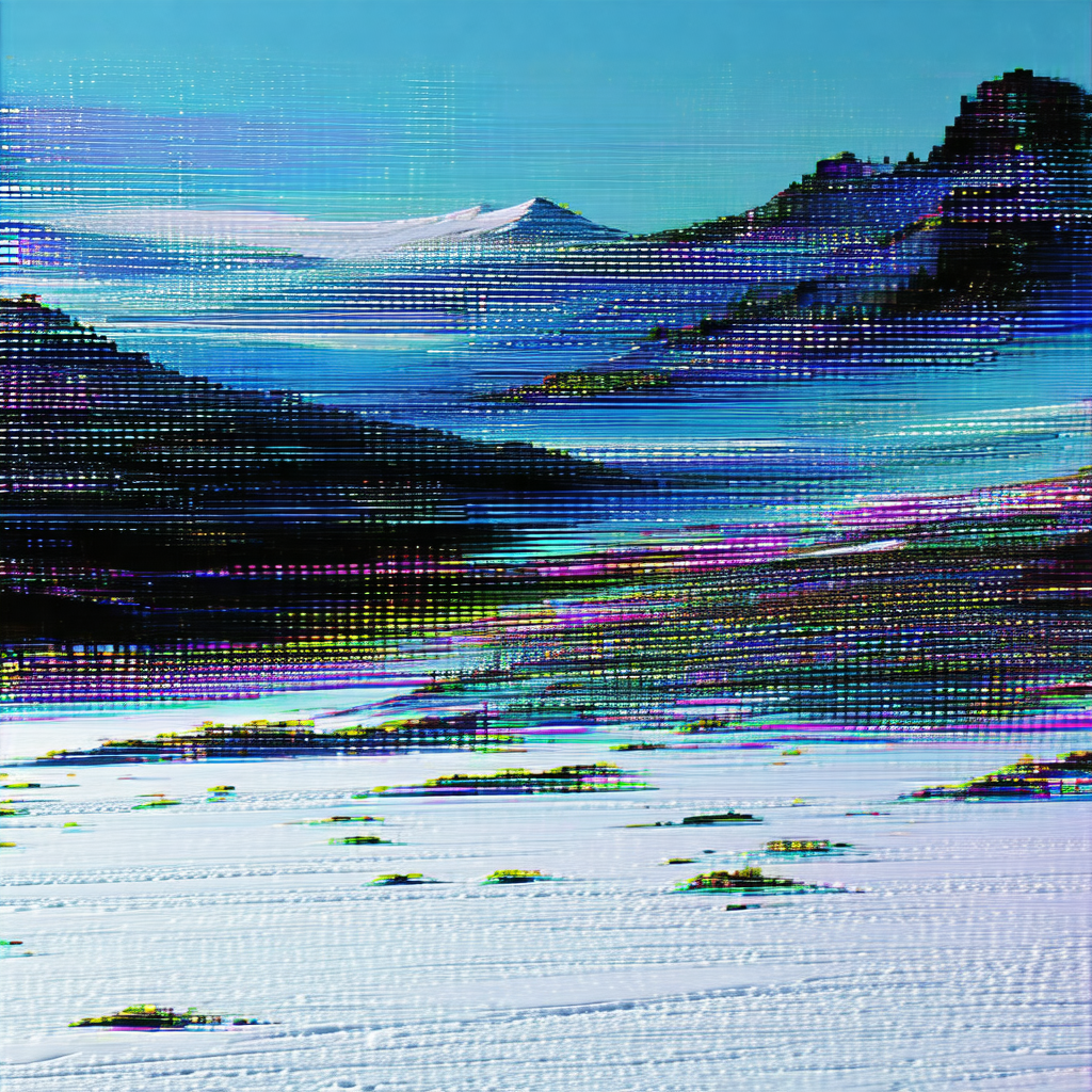 Digital artwork featuring a mountainous landscape with a ...
