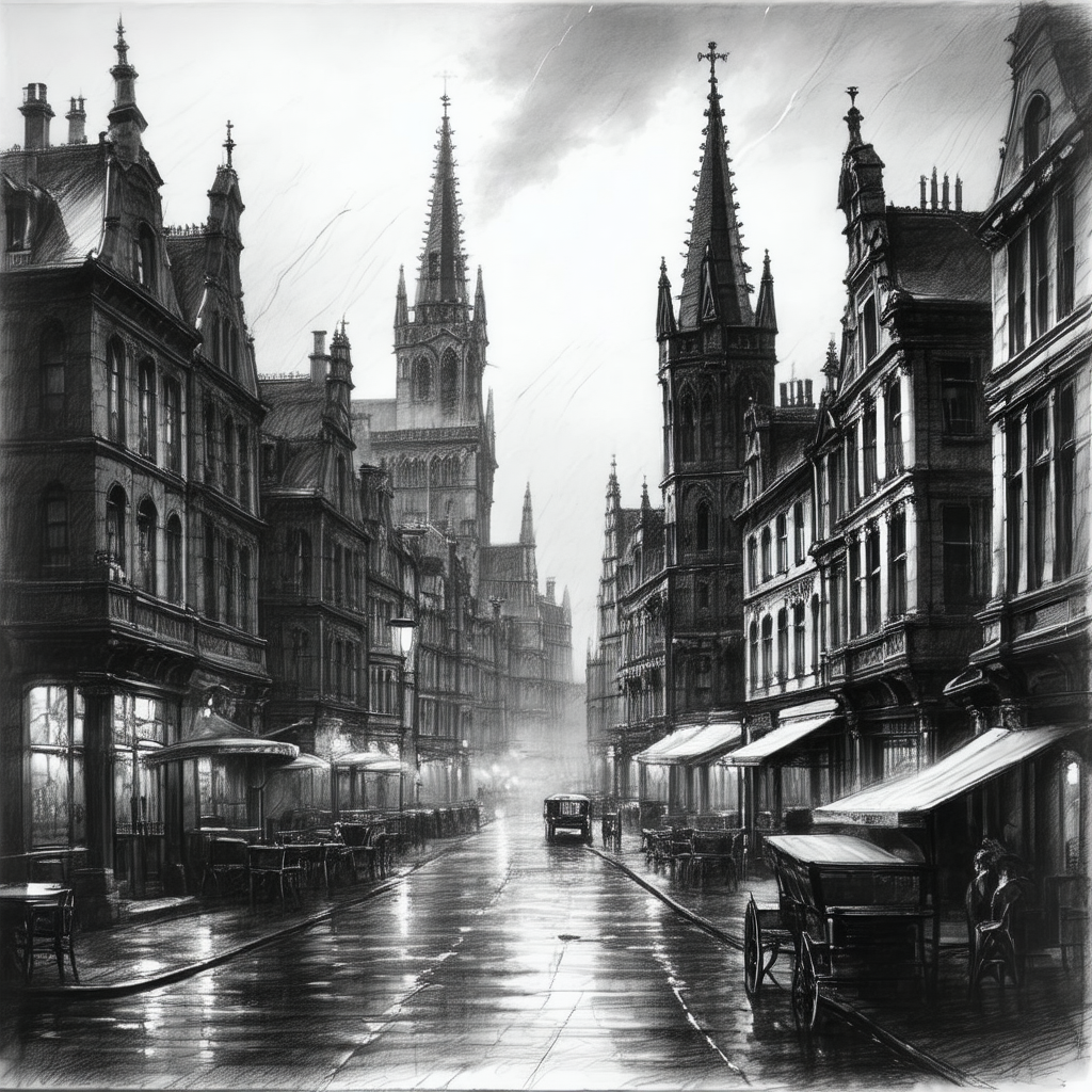Black and white drawing of a city street with a large bui...