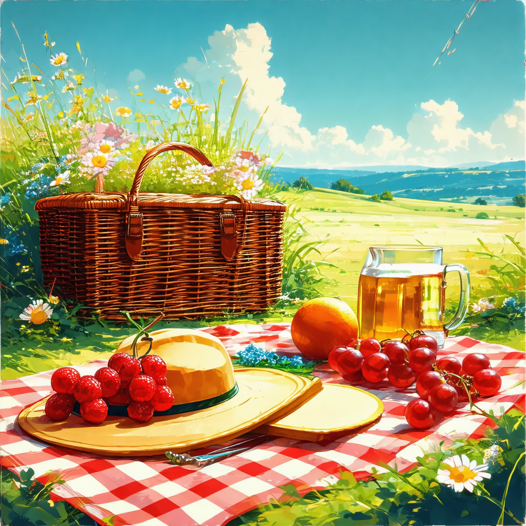 Picnic scene with a basket of fruit and a bottle of wine ...