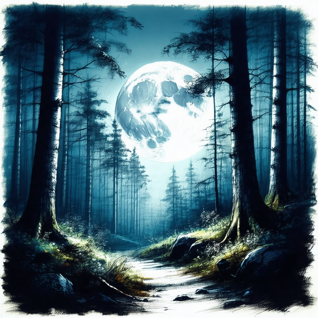 Forest at night with a full moon shining brightly in the sky
