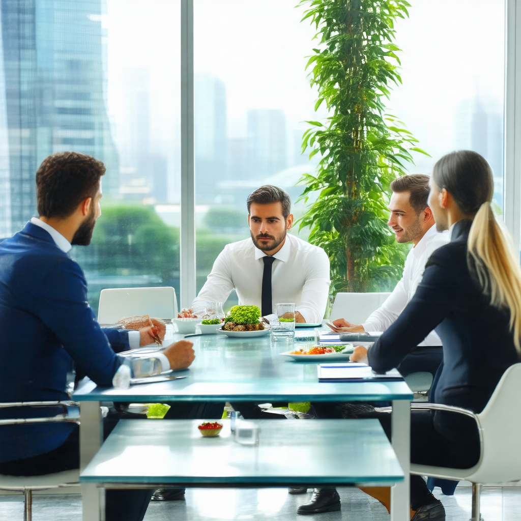 Group of people sitting around a glass dining table, enga...