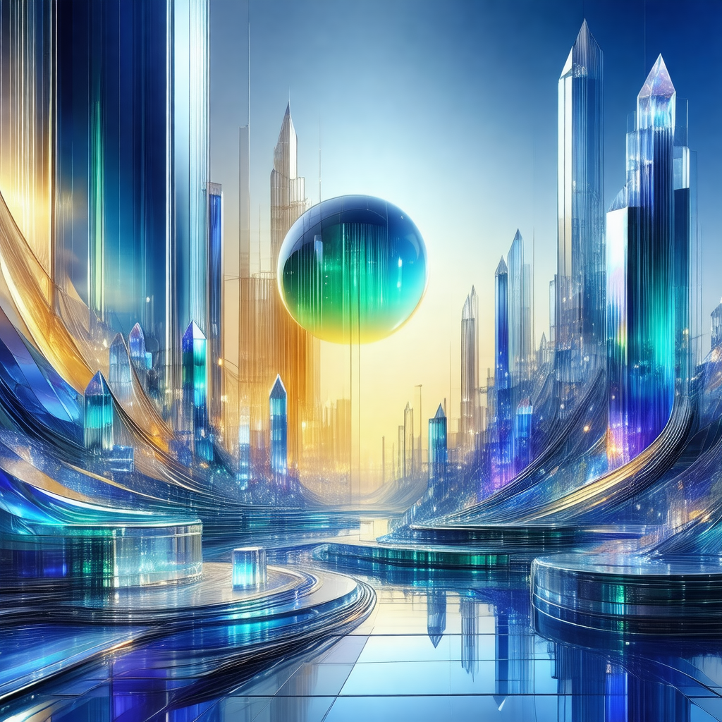 Futuristic cityscape with a large, round, blue object in ...