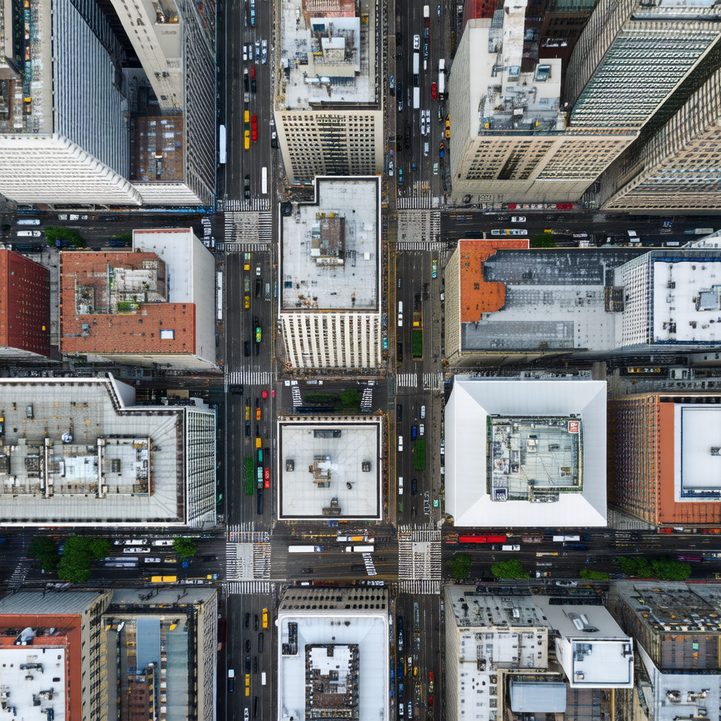 Bird's eye view of a busy city street filled with traffic