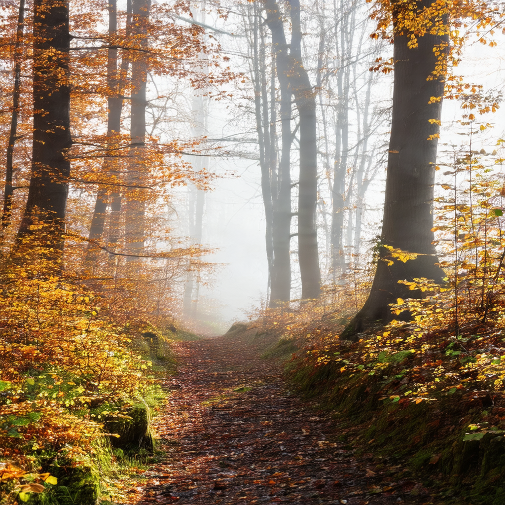 Forest path surrounded by trees, with a trail leading thr...
