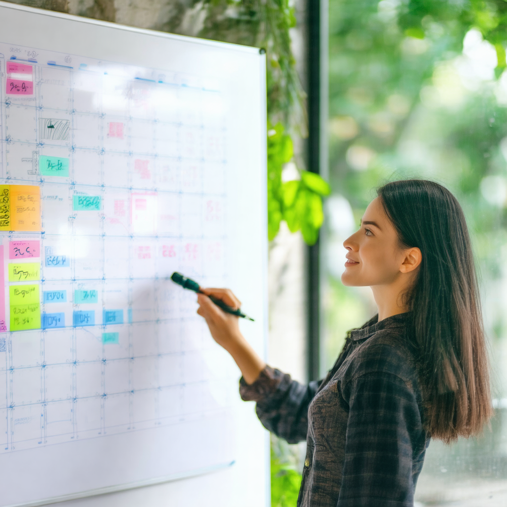 Woman standing in front of a whiteboard, writing on it wi...