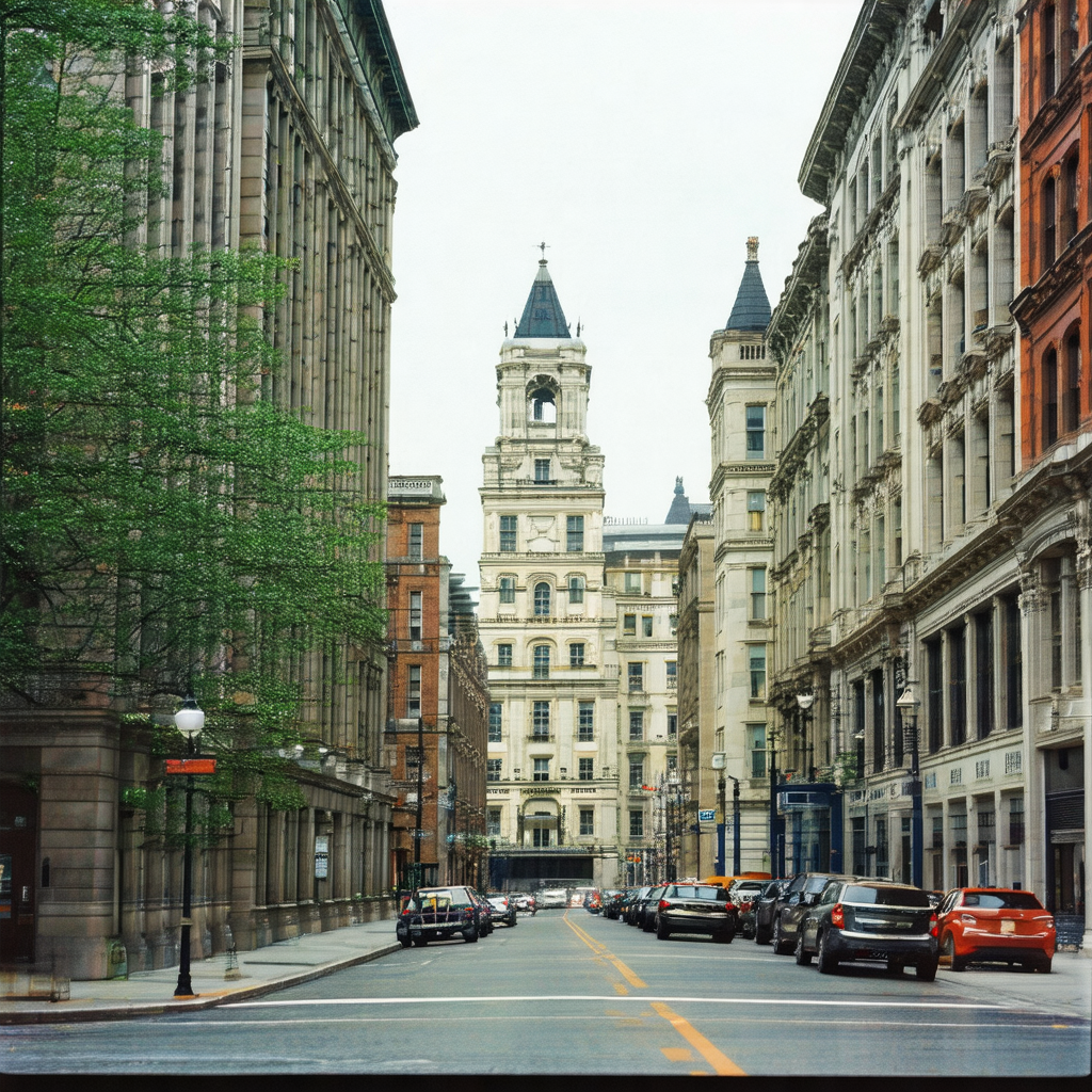 Busy city street with a large clock tower in the background