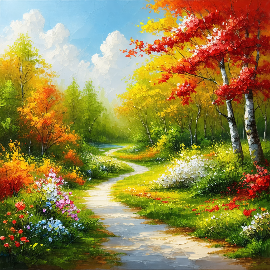Beautiful, colorful forest with a dirt road running throu...