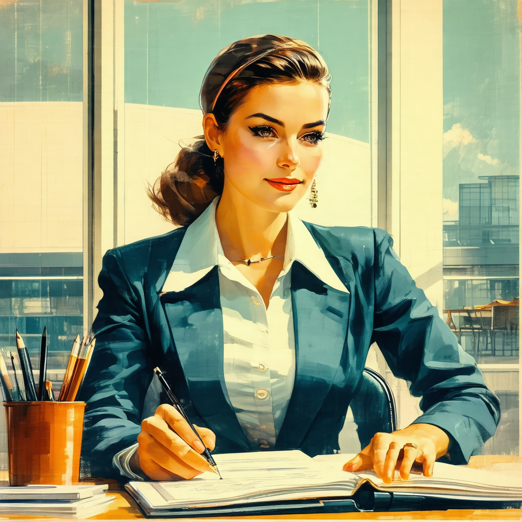 Painting of a woman in a business suit, sitting at a desk...