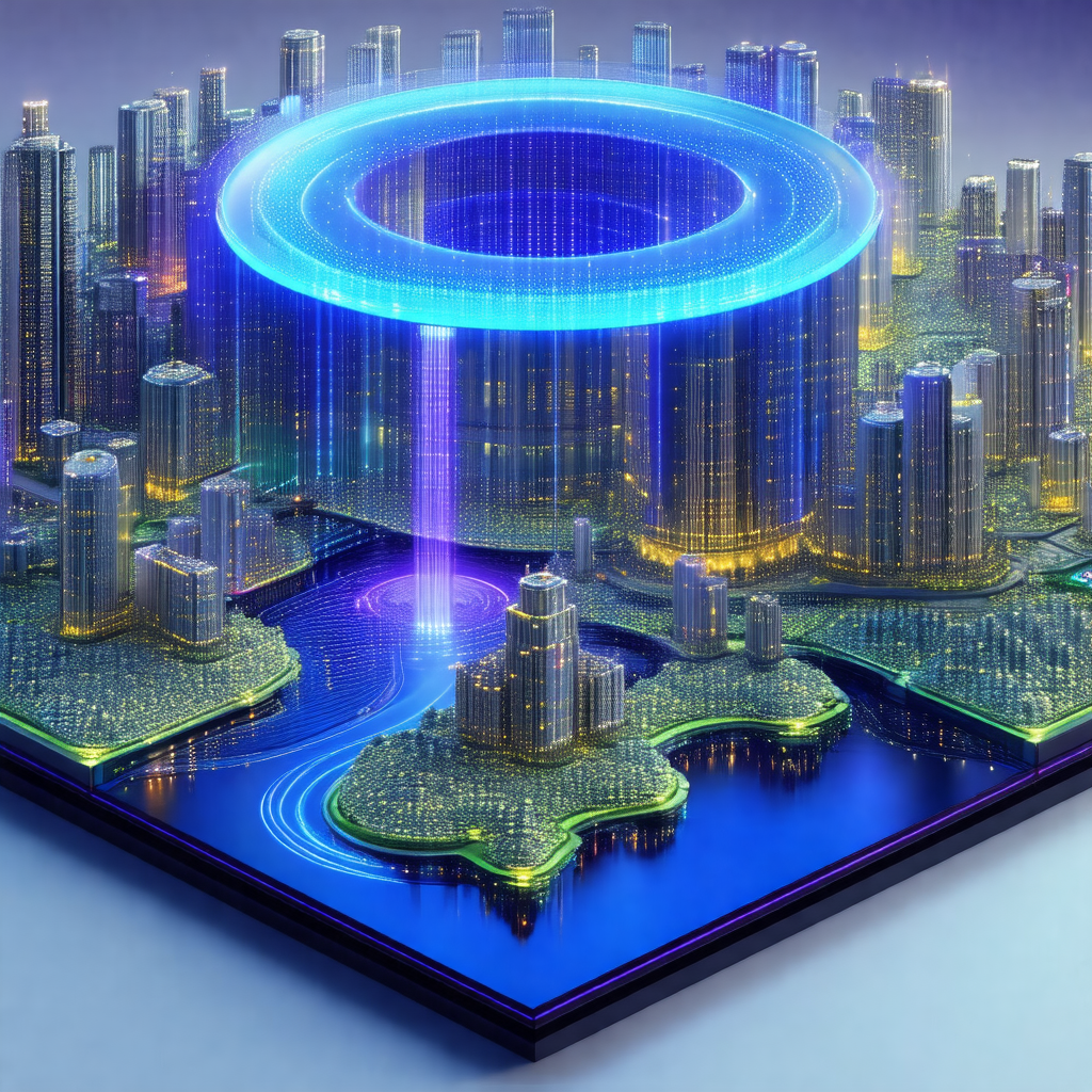 Futuristic city with a large, illuminated dome in the center