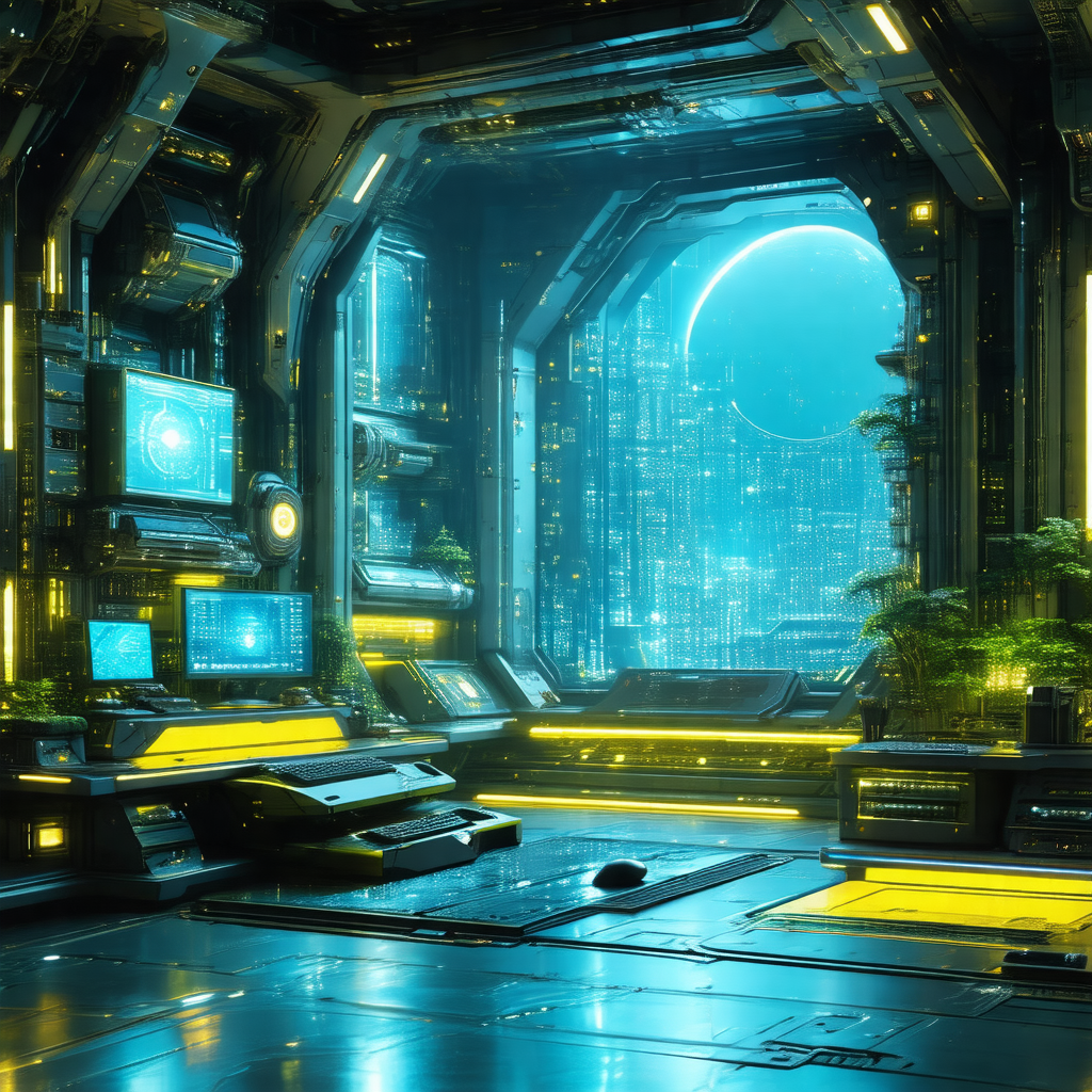 Futuristic room with a blue and yellow color scheme