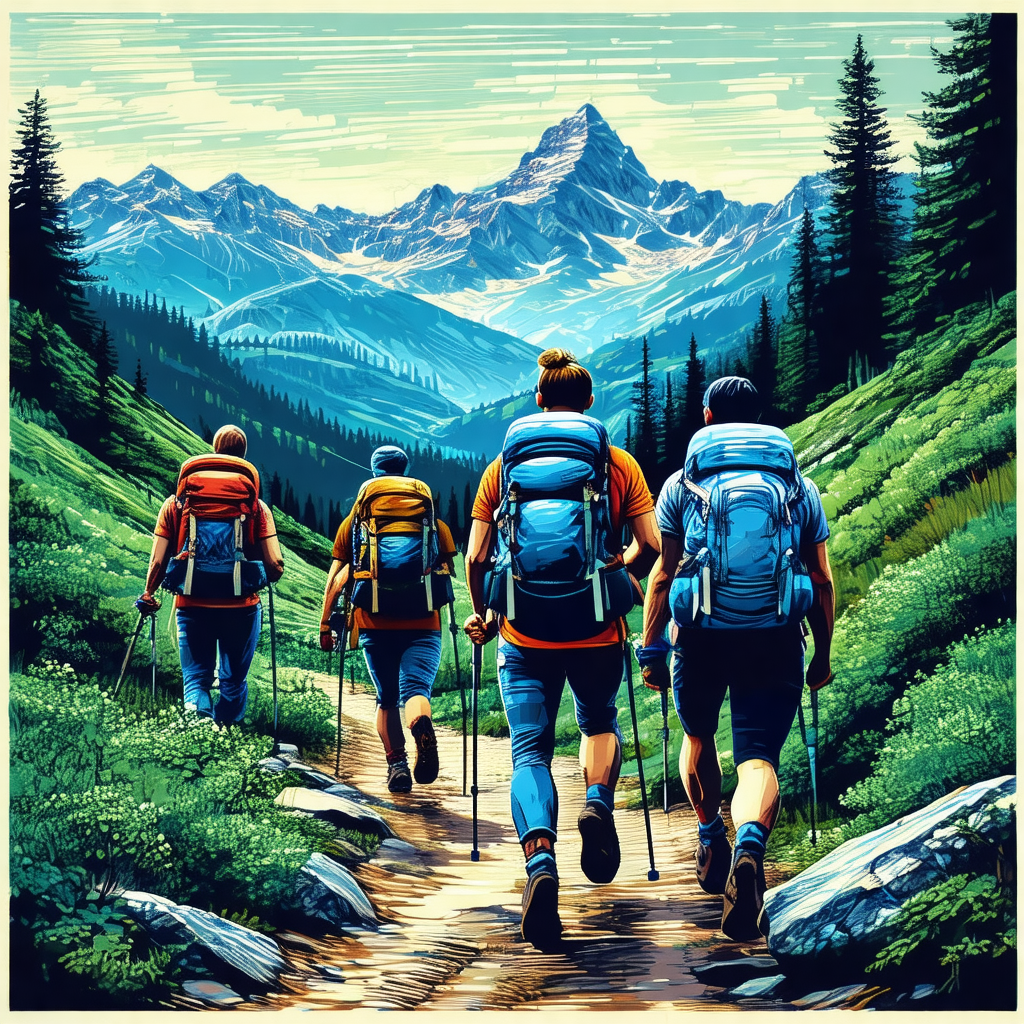 Painting of a group of five people walking up a mountain