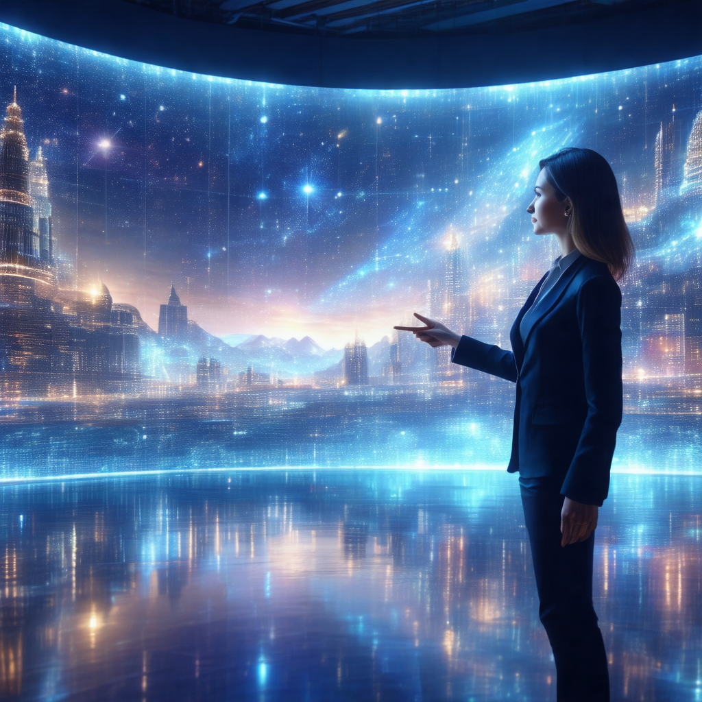 Woman standing in a room with a large, illuminated wall