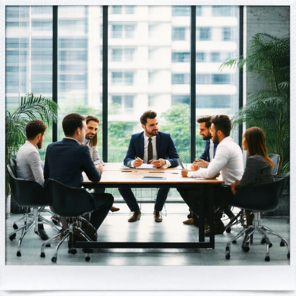 Group of people sitting around a conference table in a la...