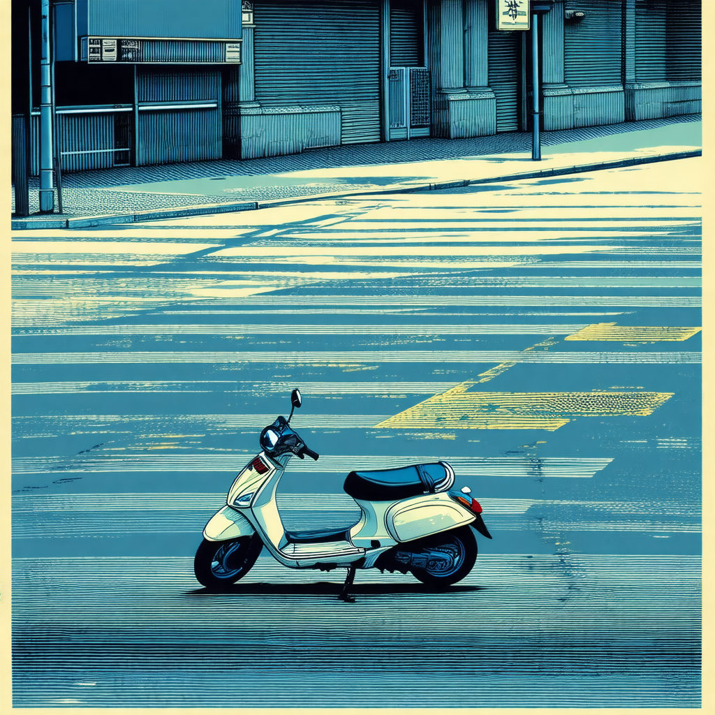 Blue and white painting of a city street