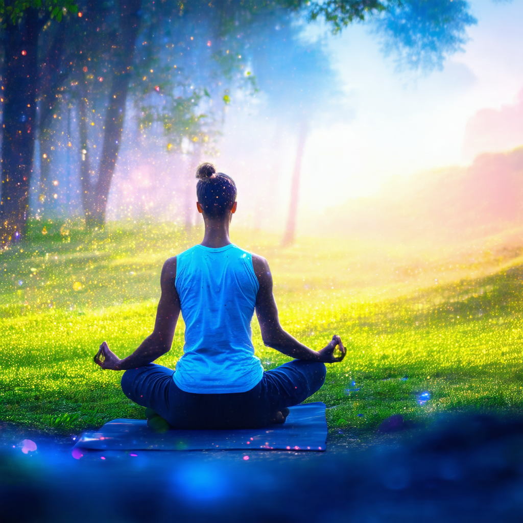 Woman sitting on the grass in a serene, peaceful setting