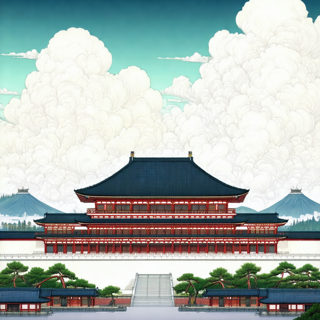Painting of a large red and white building, possibly a te...