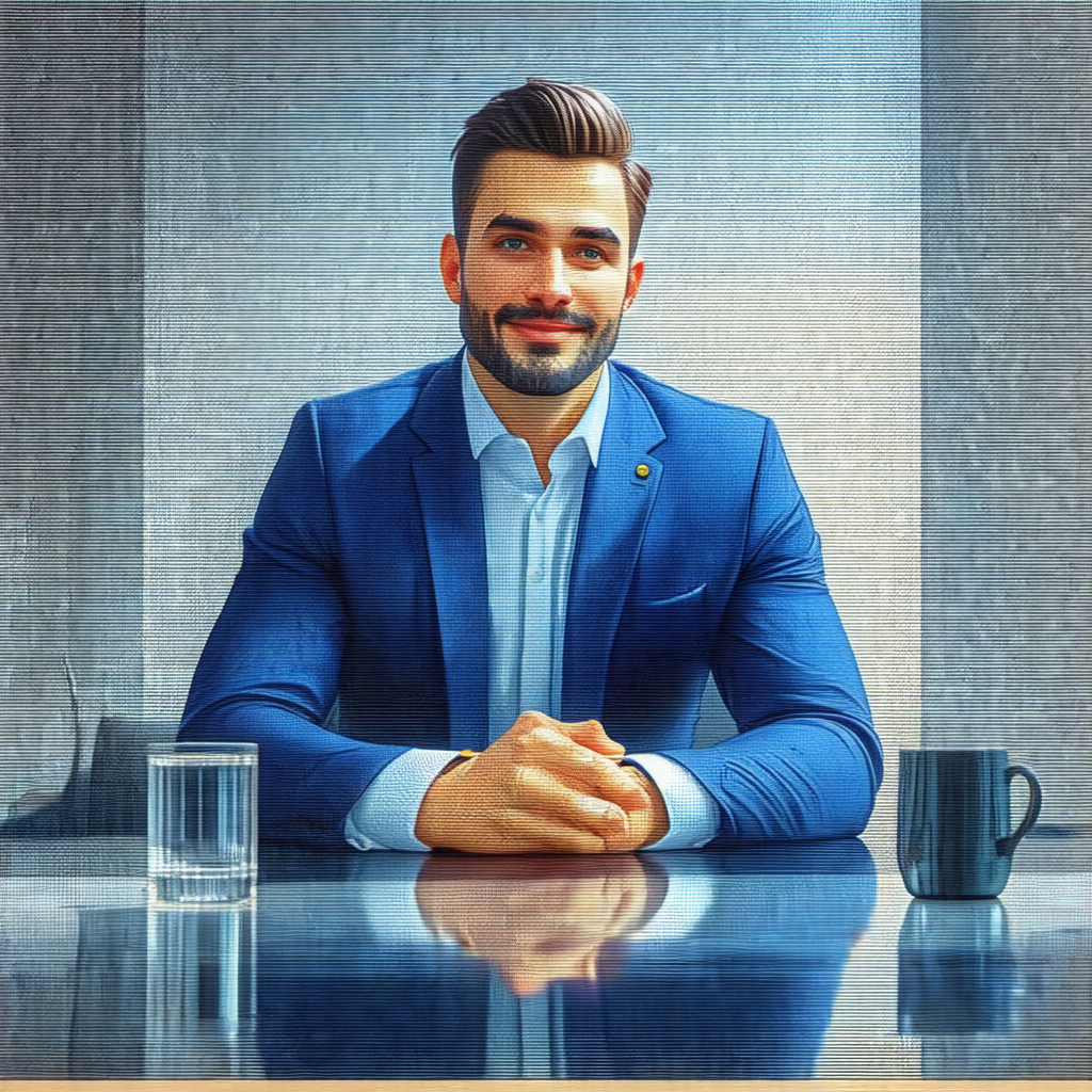 Painting of a man wearing a blue suit and tie, sitting at...