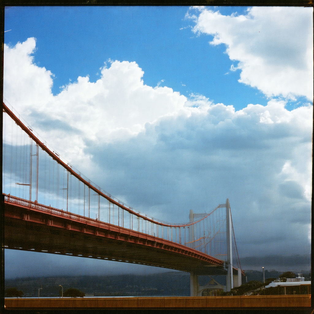 Large red bridge spanning across a body of water