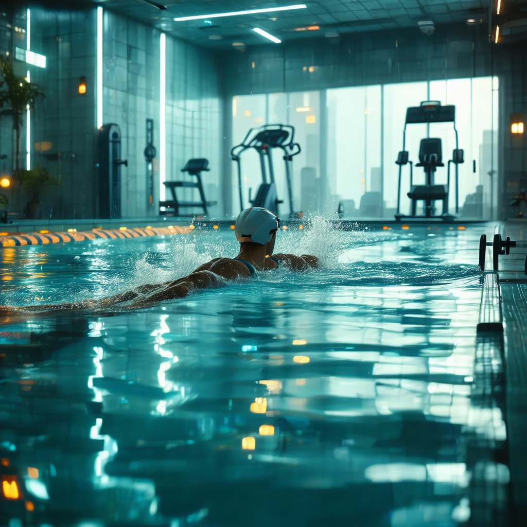 Person swimming in a large swimming pool