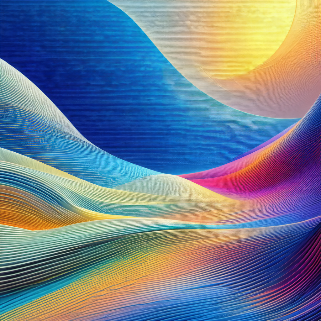Painting of a colorful landscape, featuring a vibrant blu...