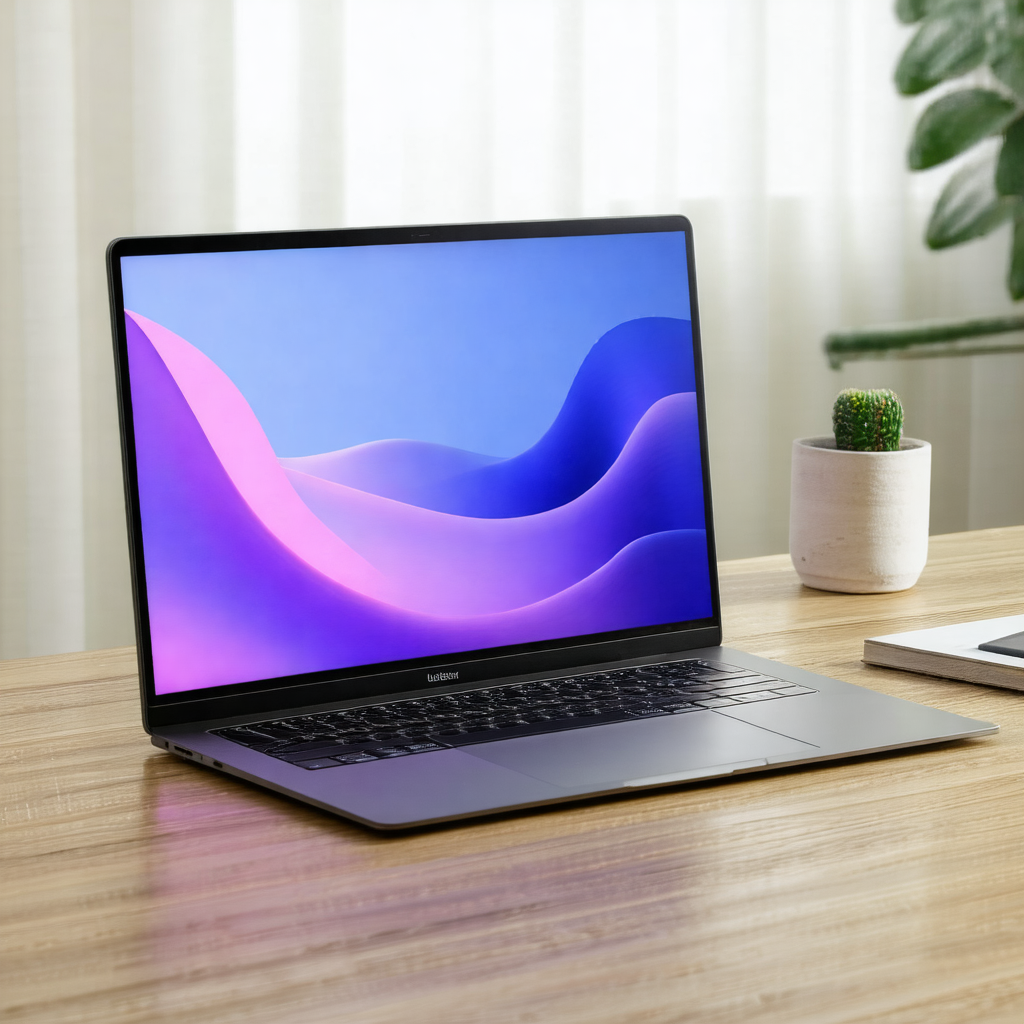 Laptop computer sitting on a wooden desk