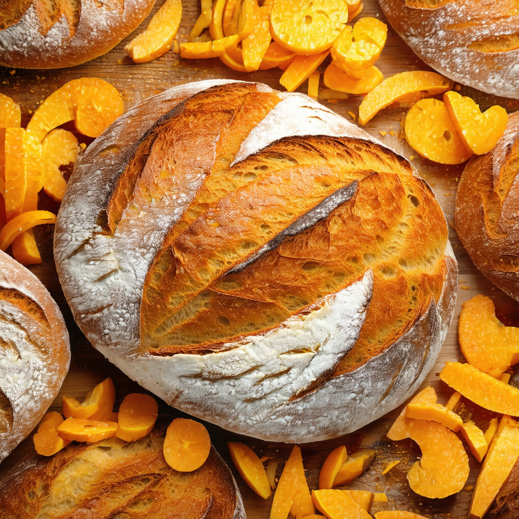 Wooden table with a variety of bread and oranges