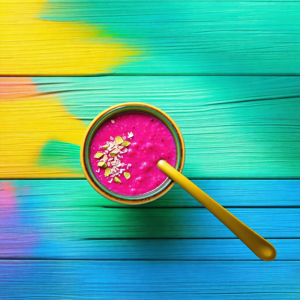 Bowl filled with a pink substance, possibly a smoothie or...