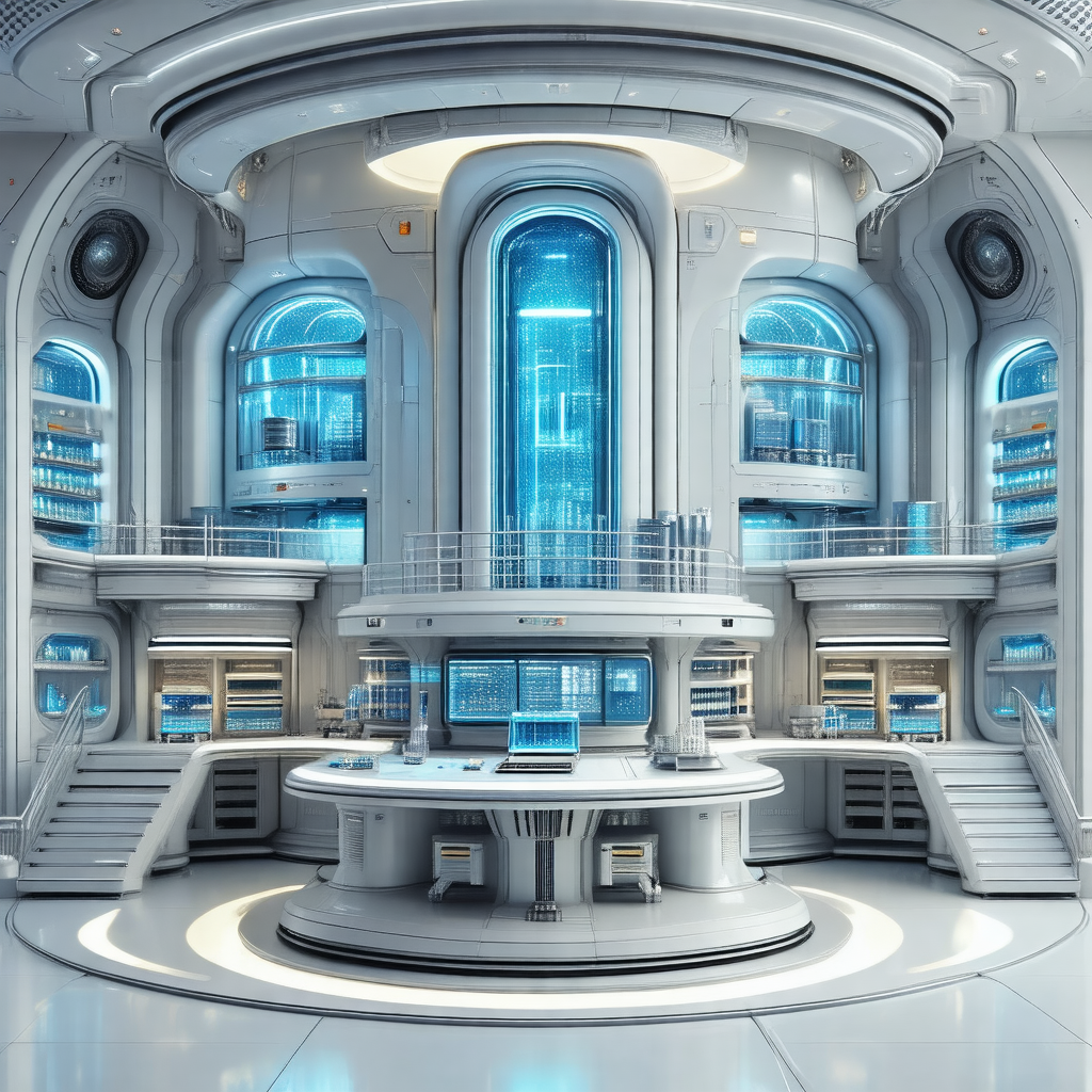 Futuristic, white, and blue laboratory with a large circu...