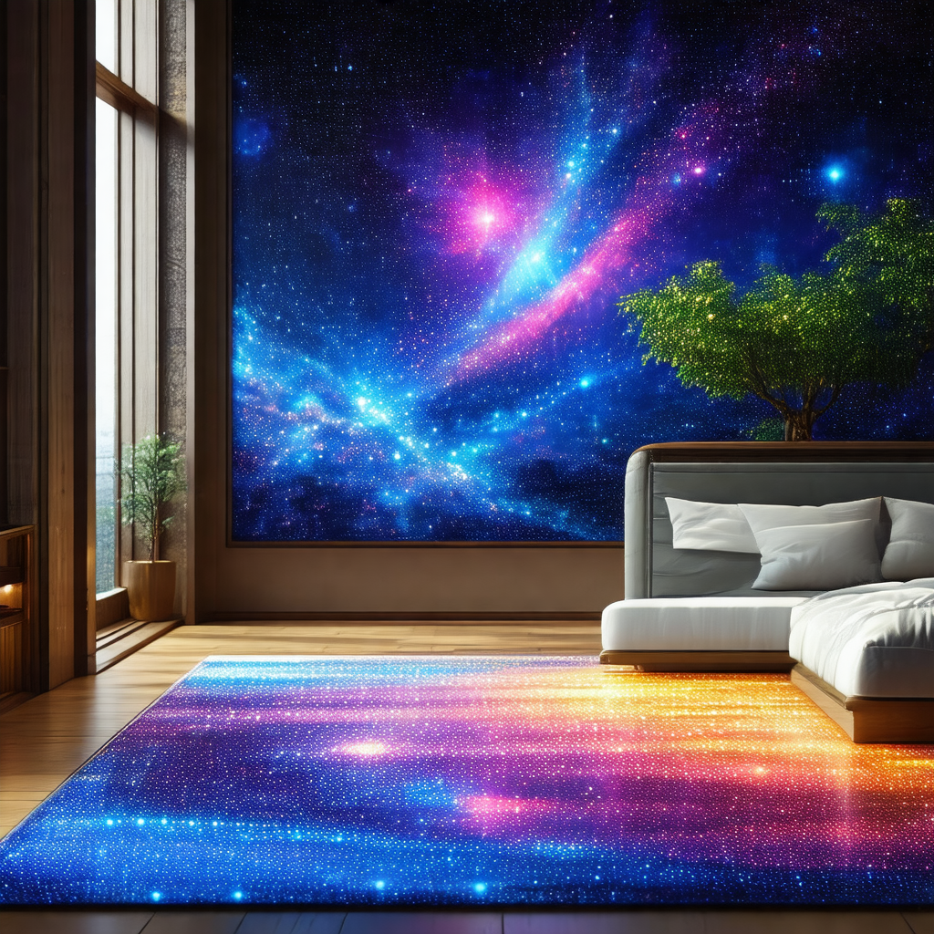 Living room with a large, colorful starry wallpaper cover...